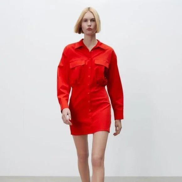 NWT Zara Womens Red Long Sleeve Front Pocket Button Shirt Dress Size Medium - Picture 10 of 10